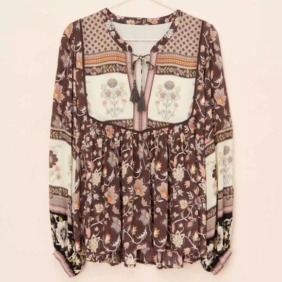 Gypsy Floral Boho Tassel Tie Long Sleeve Blouse - Picture 6 of 6